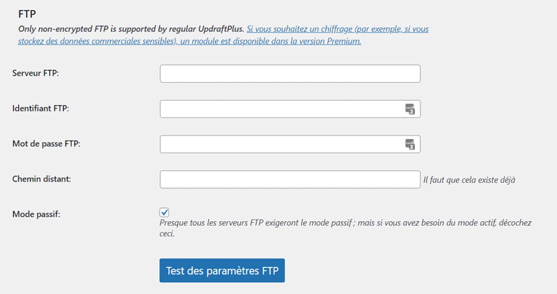 Configuration du stockage vers un serveur FTP