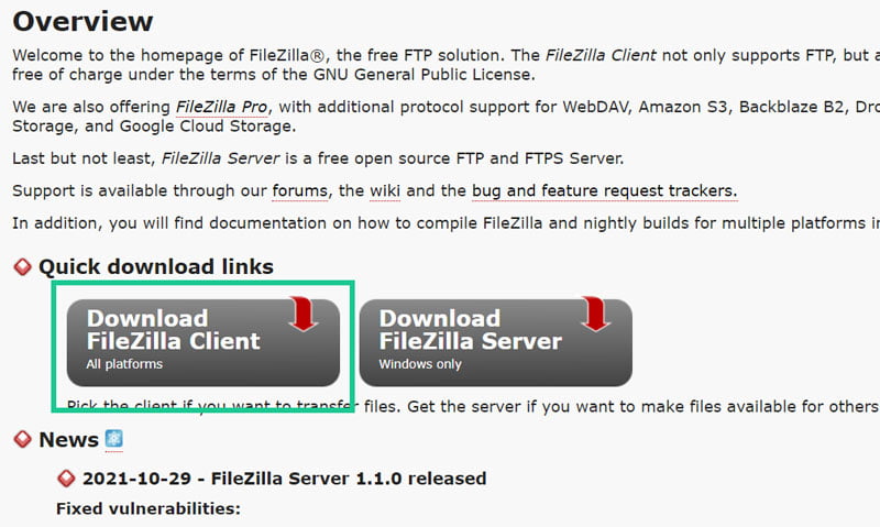 Choose the FileZilla client to transfer files