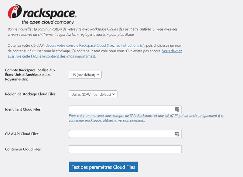 Configuration du stockage vers Rackspace