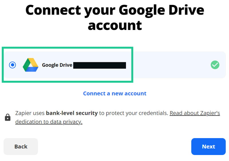 Sélectionner le compte Google Drive