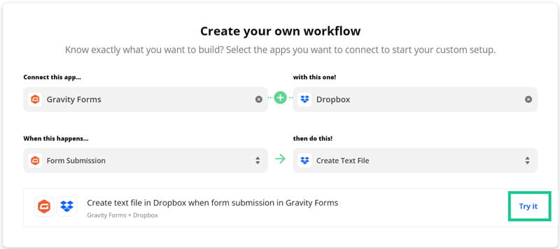 Configuration du Zap Gravity Forms et Dropbox pour sauvegarder un formulaire WordPress