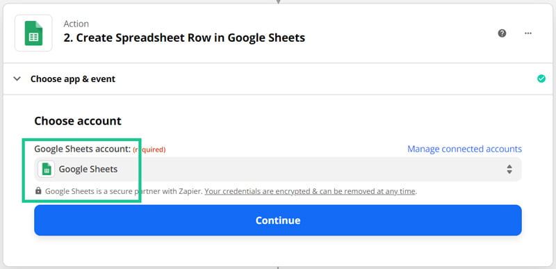 Sélectionner le compte Google Sheets