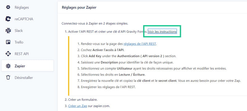 Instructions pour établir la connexion avec Zapier