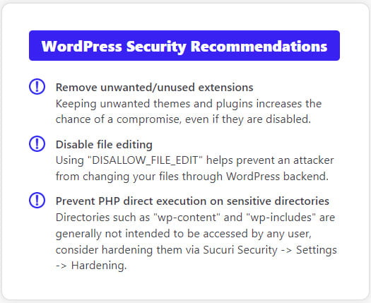 Recommandations de sécurité de Sucuri WordPress