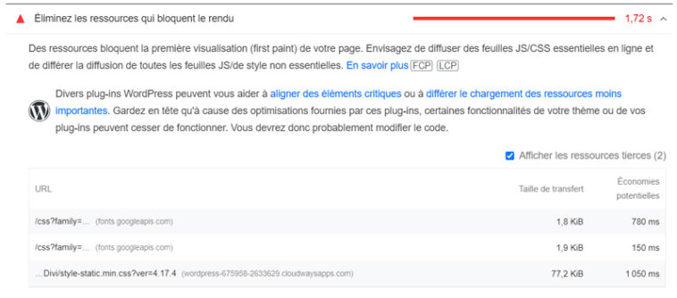 Ressources CSS bloquantes dans PageSpeed Insights