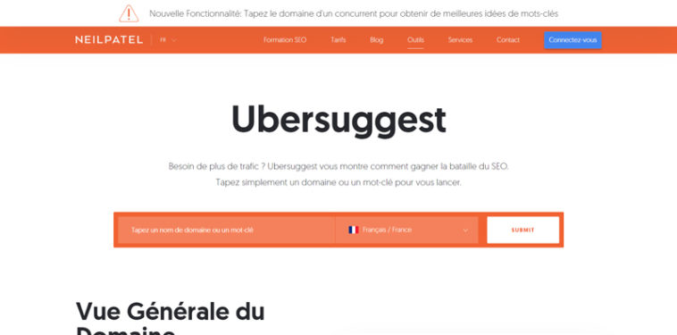 Page d’accueil d’Ubersuggest